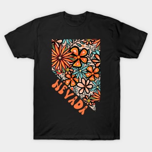 Nevada State Design | Artist Designed Illustration Featuring Nevada State Outline Filled With Retro Flowers with Retro Hand-Lettering T-Shirt